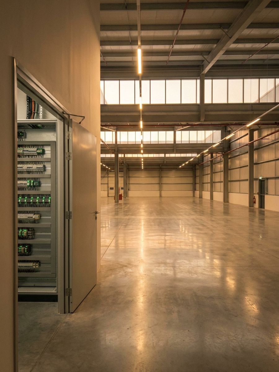 Light-industrial warehouse with an open electrical control panel