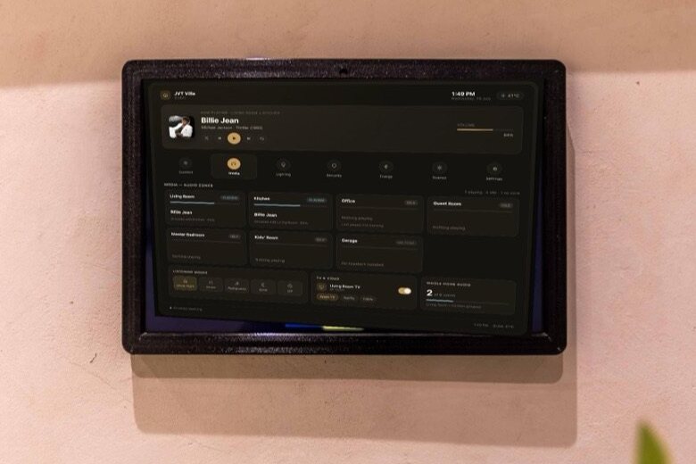 The iPad in its wall mount running Haus Logic OS