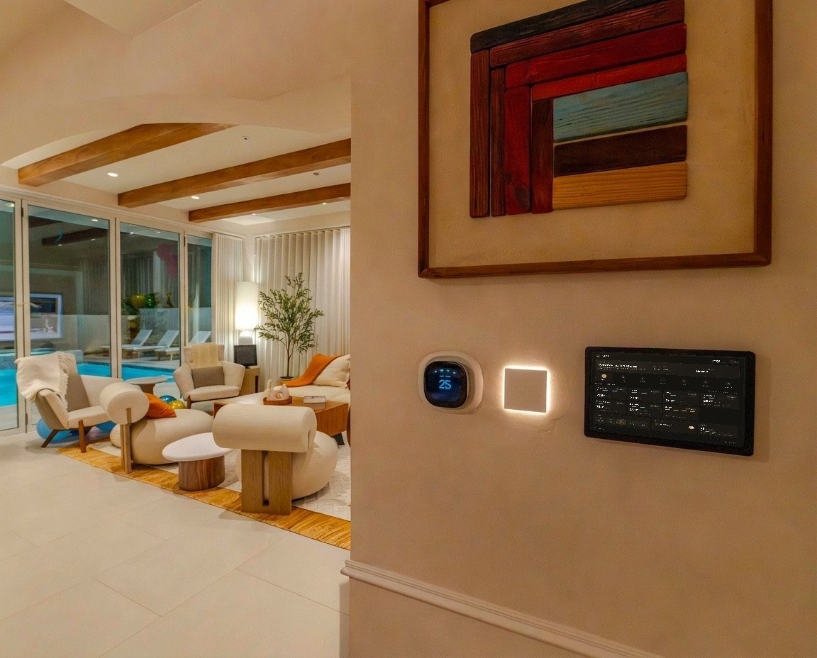 The living room at night, wall screen showing the dashboard