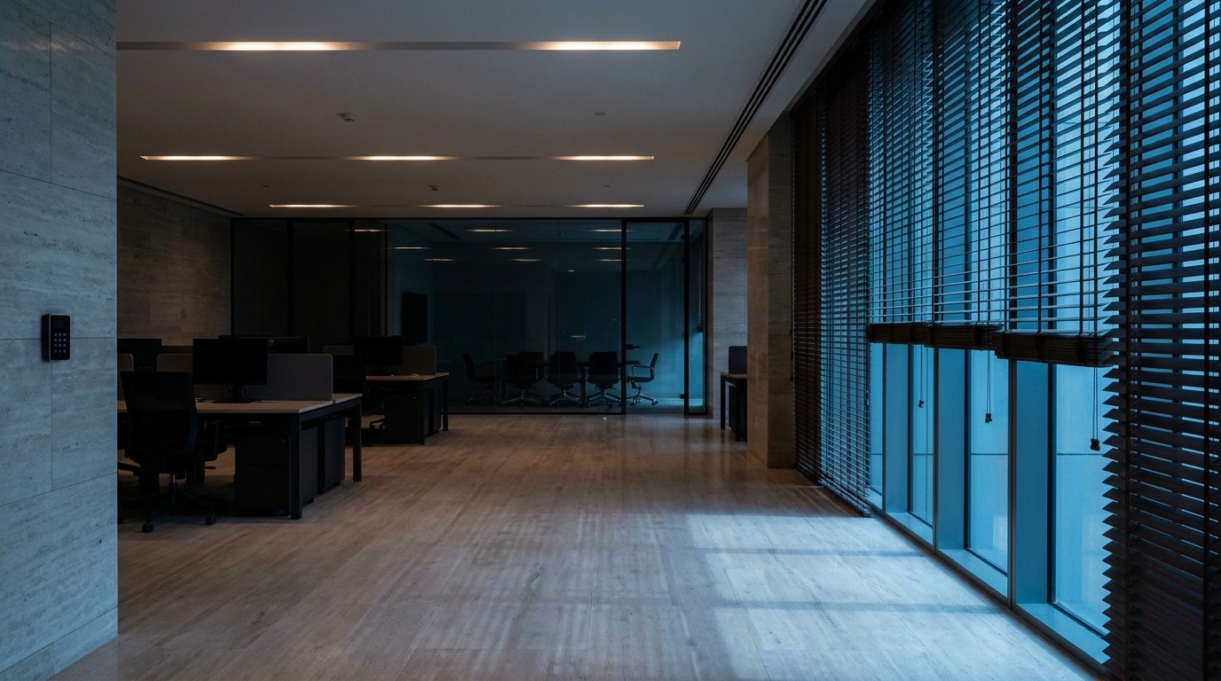 An empty office with dark desks, lowered slat blinds and low ceiling lighting in blue dawn light.
