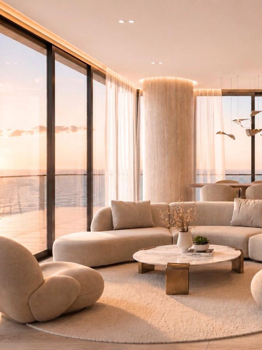 Living room of a Palm Jumeirah apartment at sunset