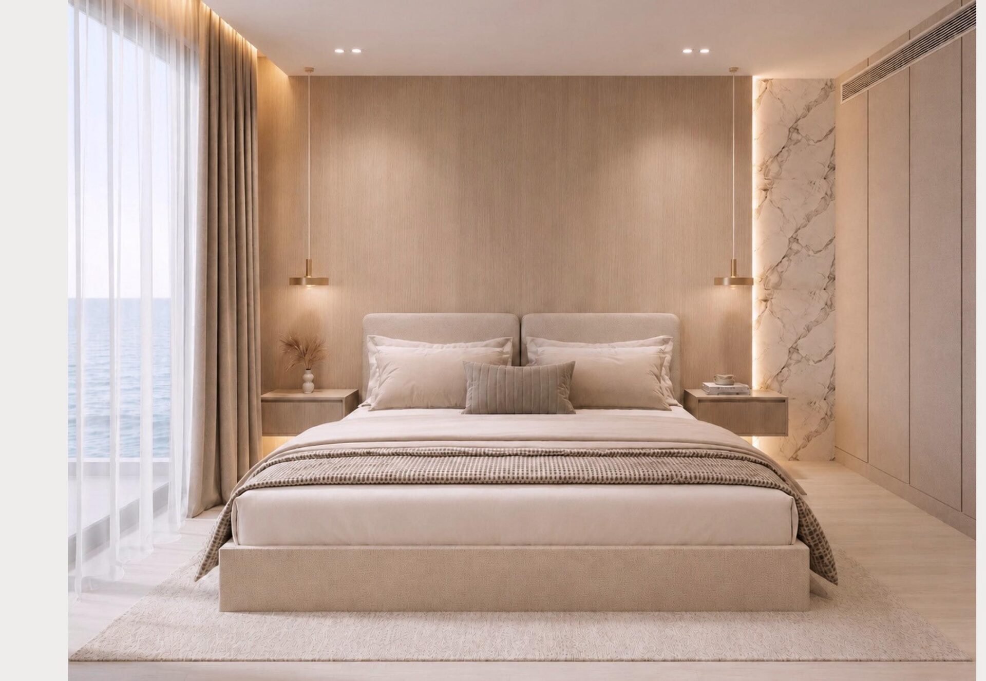 Master bedroom at Serenia Living, sheer curtains over full-height glass